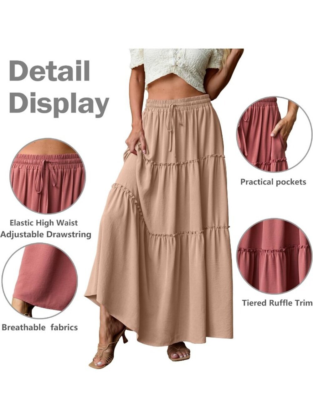 Women's Boho High Waisted A-Khaki Maxi Skirts Tiered Floral Long Skirts - Picture 3 of 5